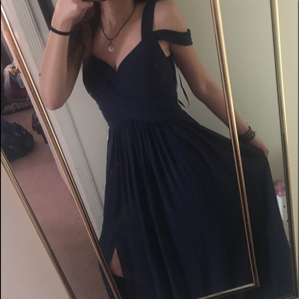 navy off the shoulder  prom dress